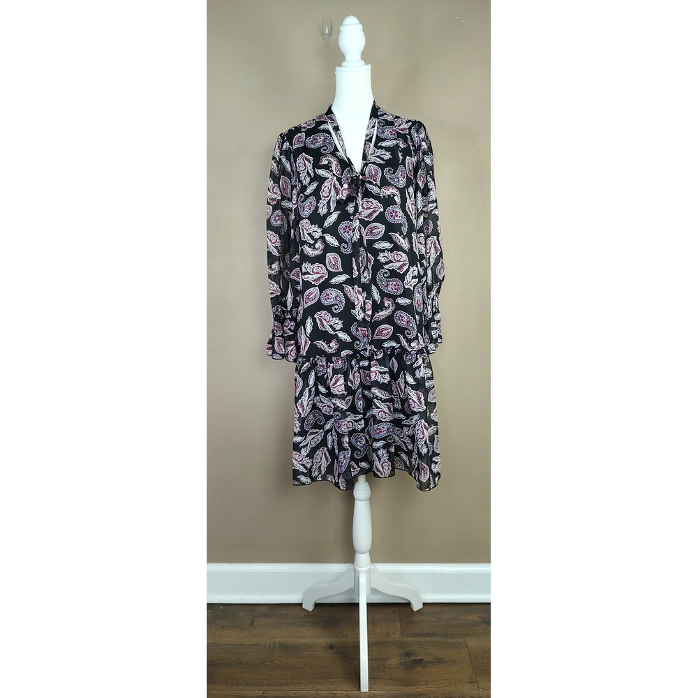Stella & Julie Womens 10 Paisley Drop Waist Tie Metallic Chiffon Dress Black